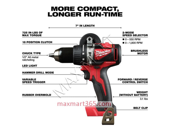 Milwaukee 2902-20 M18 Brushless Cordless 1/2-inch Compact Hammer Drill Driver (Tool Only)