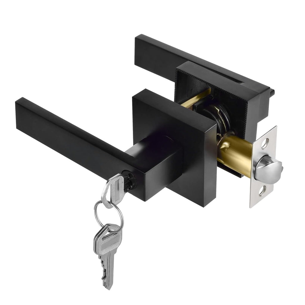 Square Door Lock Lockset with Key, Keyed Door Handle Lever for Front Entry Bathroom Bedroom - Matte Black