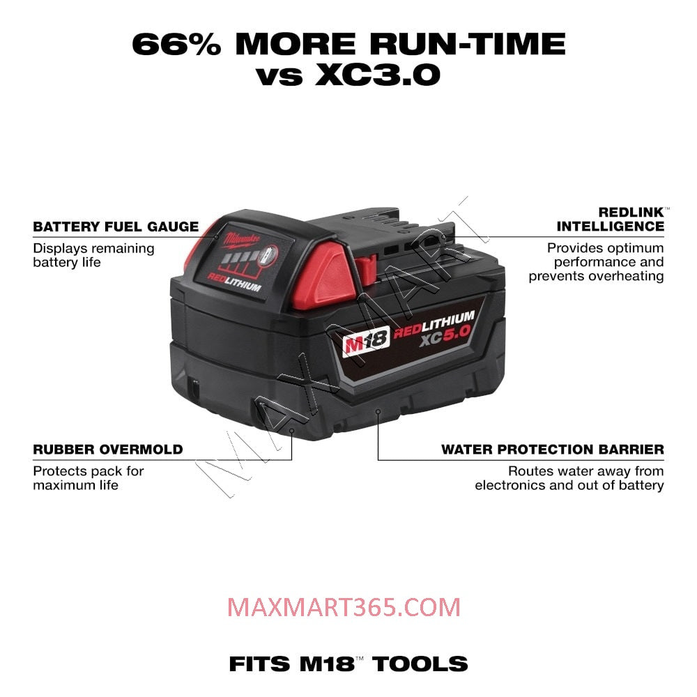 Milwaukee M18 18V Lithium-Ion Extended Capacity (XC) 5Ah 5.0Ah Battery 48-11-1850