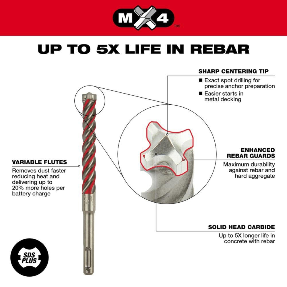 Red 48-20-7311 3/16-inch x 4-inch x 6-inch 4-Cutter MX4 SDS-Plus Carbide Drill Bit