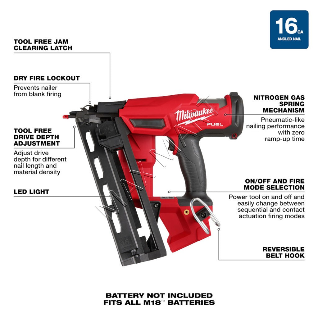 Milwaukee 2841-20 M18 FUEL Brushless Cordles 16 Gauge 16ga Angled Finish Nailer (Tool-Only)