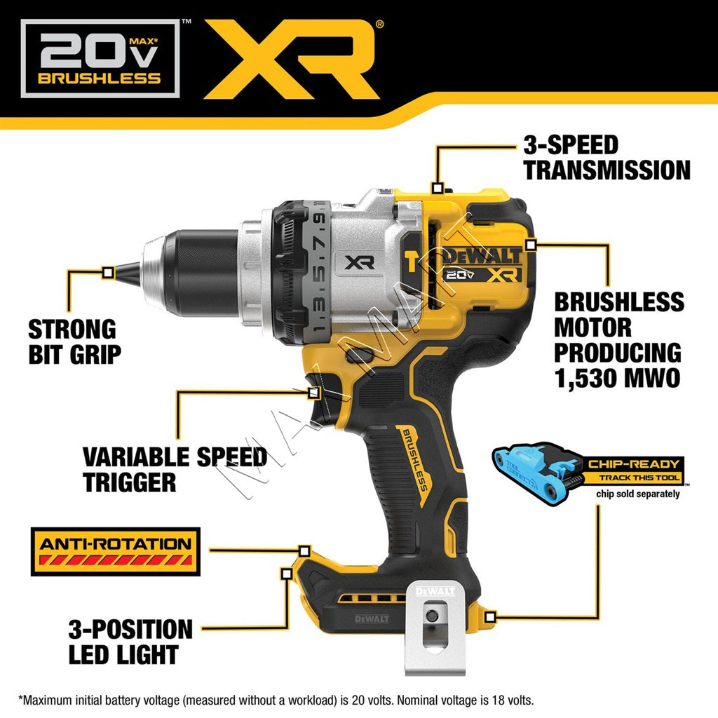 DEWALT DCD1007B 20V XR Brushless Cordless 1/2-in 3-Speed Hammer Drill/Driver (Tool Only)