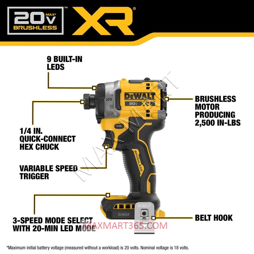DEWALT DCF860B 20V XR Brushless Cordless 3-Speed High Torque 1/4-In Impact Driver (Tool Only)
