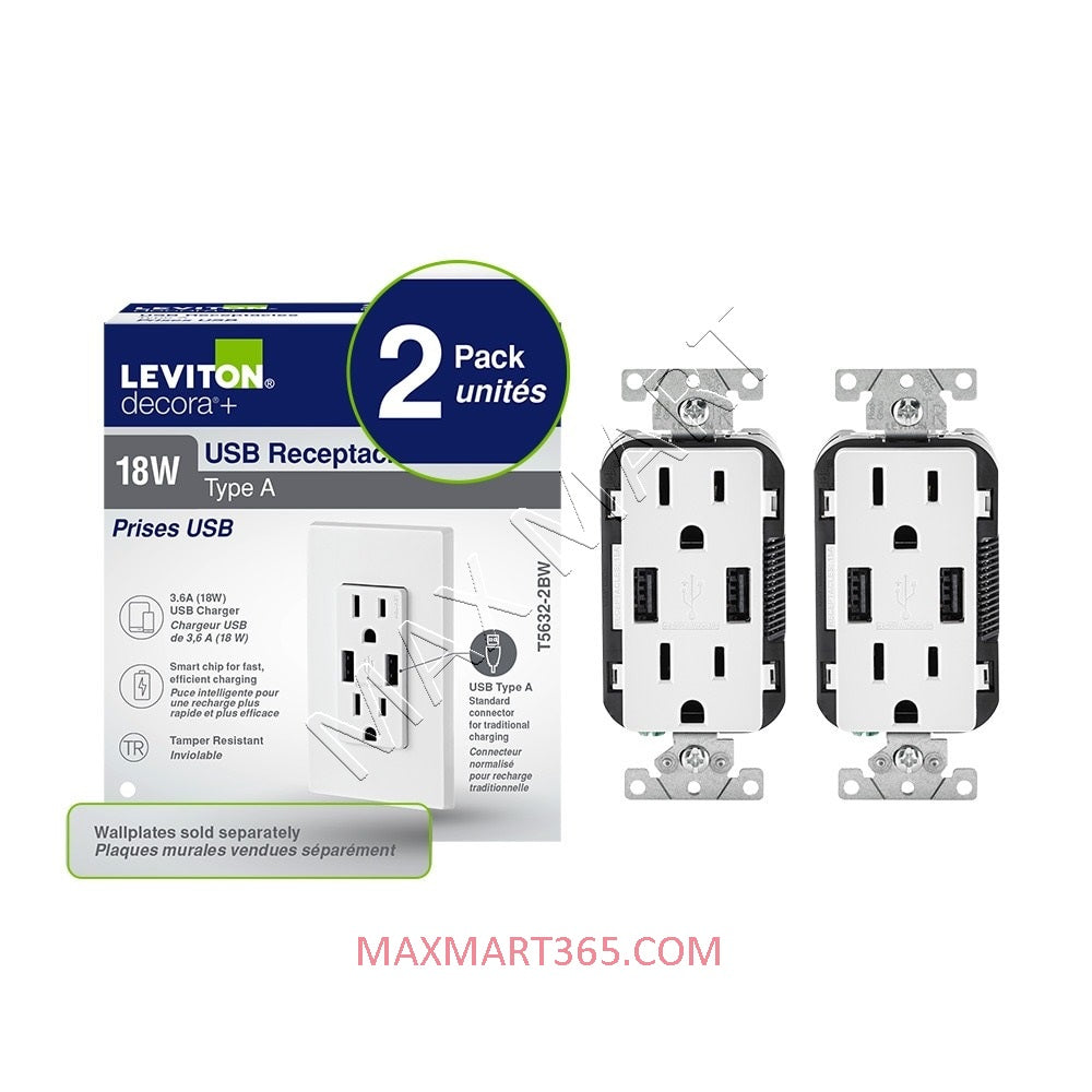 Leviton Decora+ 3.6A 18W USB-A/USBA Charger Receptacle Outlet Plug Type A (2-Pack) - White