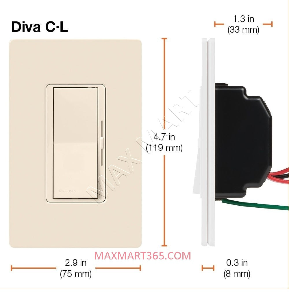 Lutron DIVA LED+ Dimmer Switch w/ Wallplate, Single Pole or 3-Way, DVWCL-153PH - Light Almond