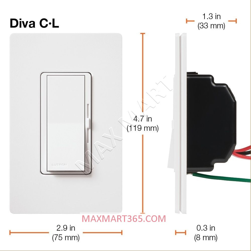 Lutron DIVA LED+ 调光开关带面板，单极或三向，DVWCL-153PH - 白色