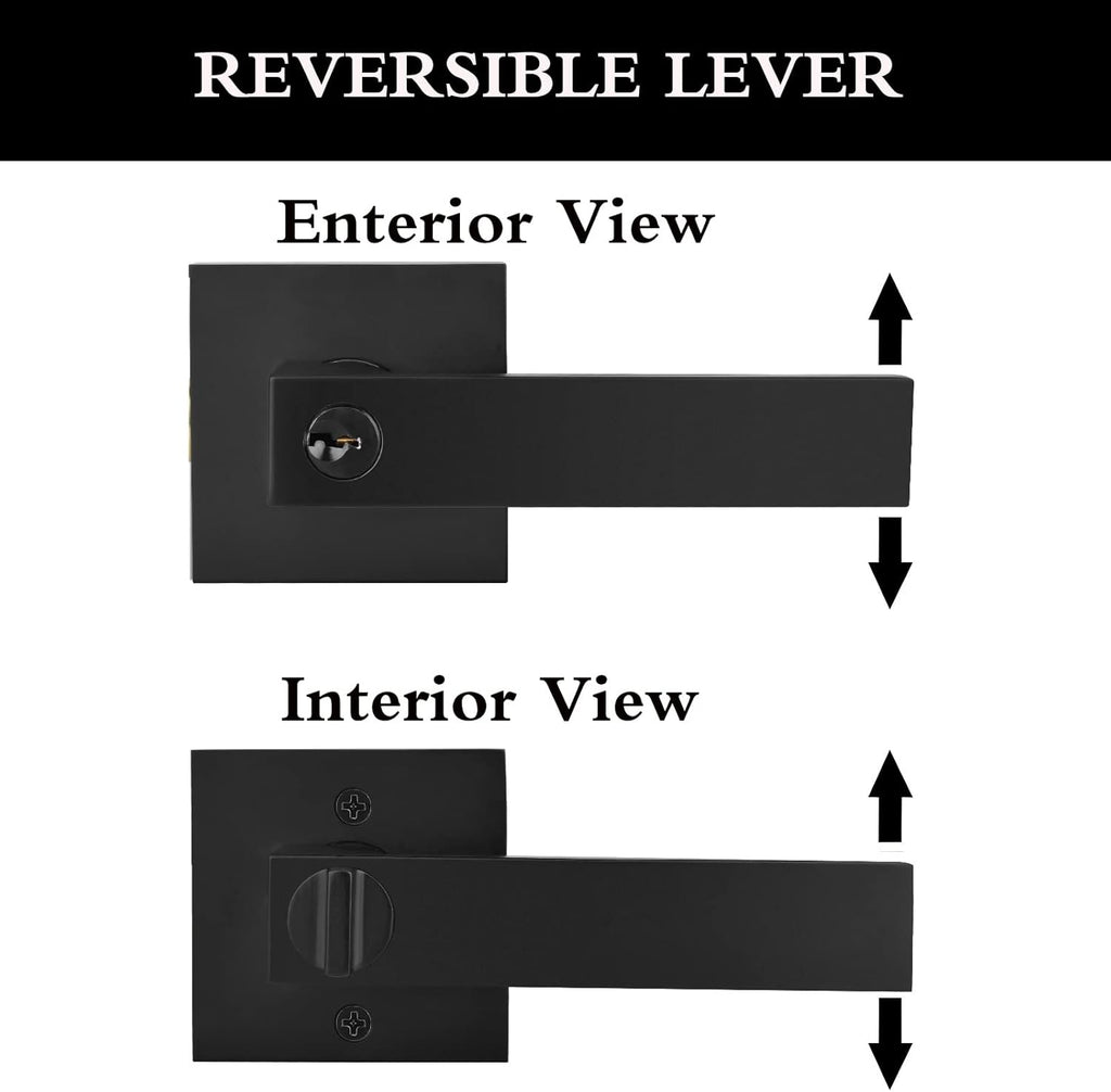 Square Door Lock Lockset with Key, Keyed Door Handle Lever for Front Entry Bathroom Bedroom - Matte Black
