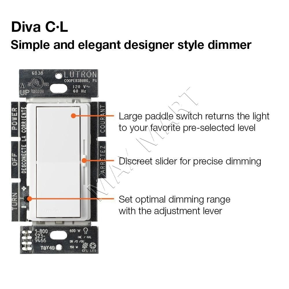 Lutron Diva LED+ 单极或 3 路调光开关，适用于可调光 LED/卤素灯/白炽灯（2 件装）DVCL-153P DVCL-153P-WH-2-C - 白色