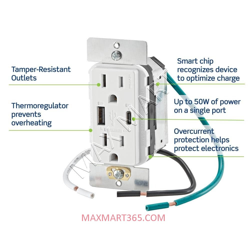 Leviton Decora+ 15A 60W USB-A & USB-C Tamper Resistant TR Receptacle Outlet w/ Power Delivery Charger - White T3634-W