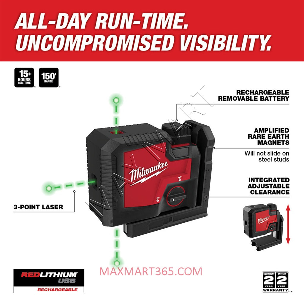 Milwaukee 3510-21 Green 3-Point Rechargeable Laser Level with 3.0Ah Battery and Charger