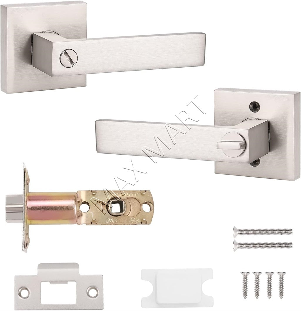 Square Door Lock Lockset for Bedroom Bathroom, Privacy Door Lever Handle - Satin Nickel