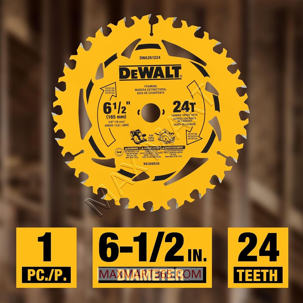 DEWALT 6-1/2-Inch x 24 Tooth 24T Carbide Tipped Framing Circular Saw Blade DWA261224