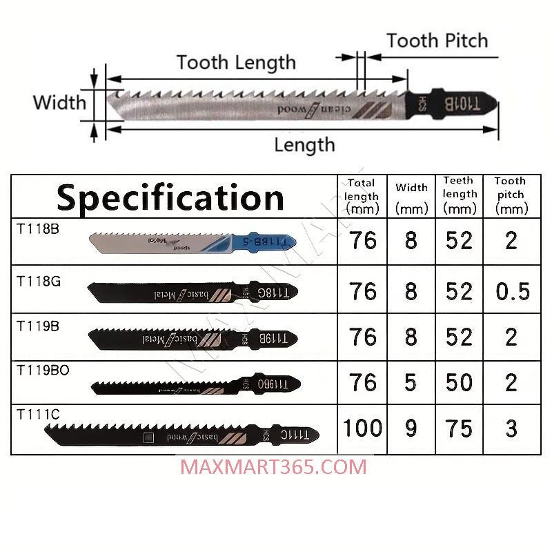 5-Pcs Universal T-Shank High Carbon Steel Jig-Saw Jigsaw Blades for Wood, Plastic and Metal