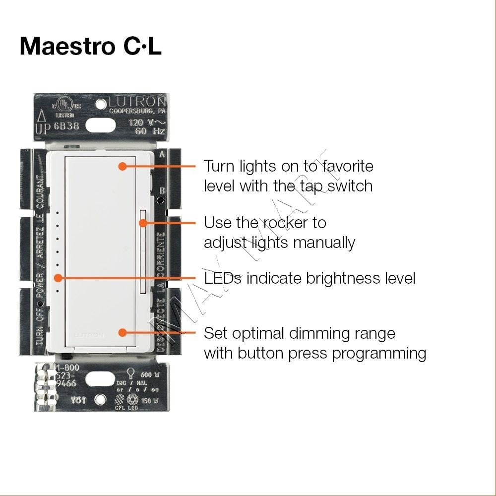 Lutron Maestro LED+ Dimmer Switch, Single Pole/3 Way MACL-153MR-WH-C - White