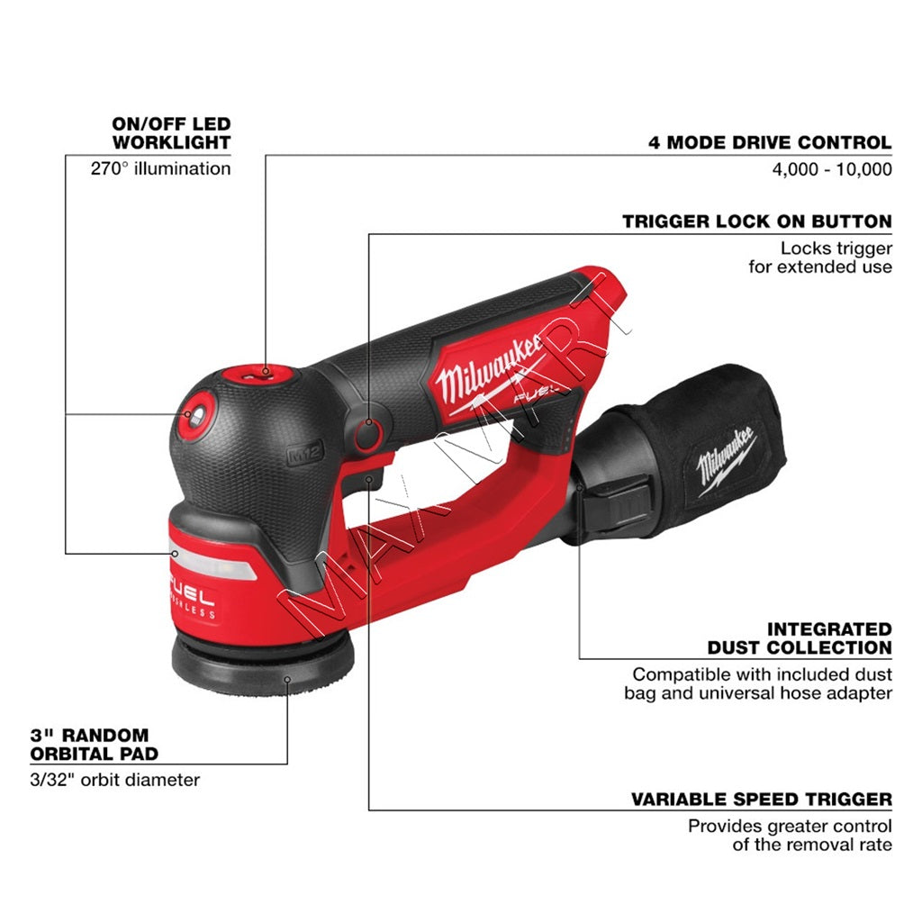 Milwaukee 2535-20 M12 FUEL 3 英寸随机轨道细节砂光机（仅工具）