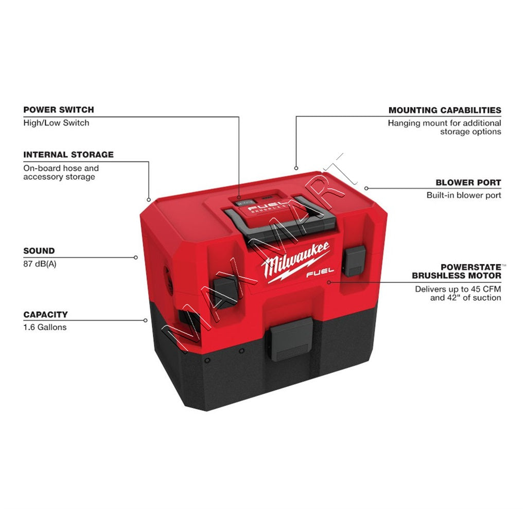 Milwaukee 0960-20 M12 FUEL Brushless Cordless 1.6 Gallon Wet/Dry Vacuum (Tool Only)