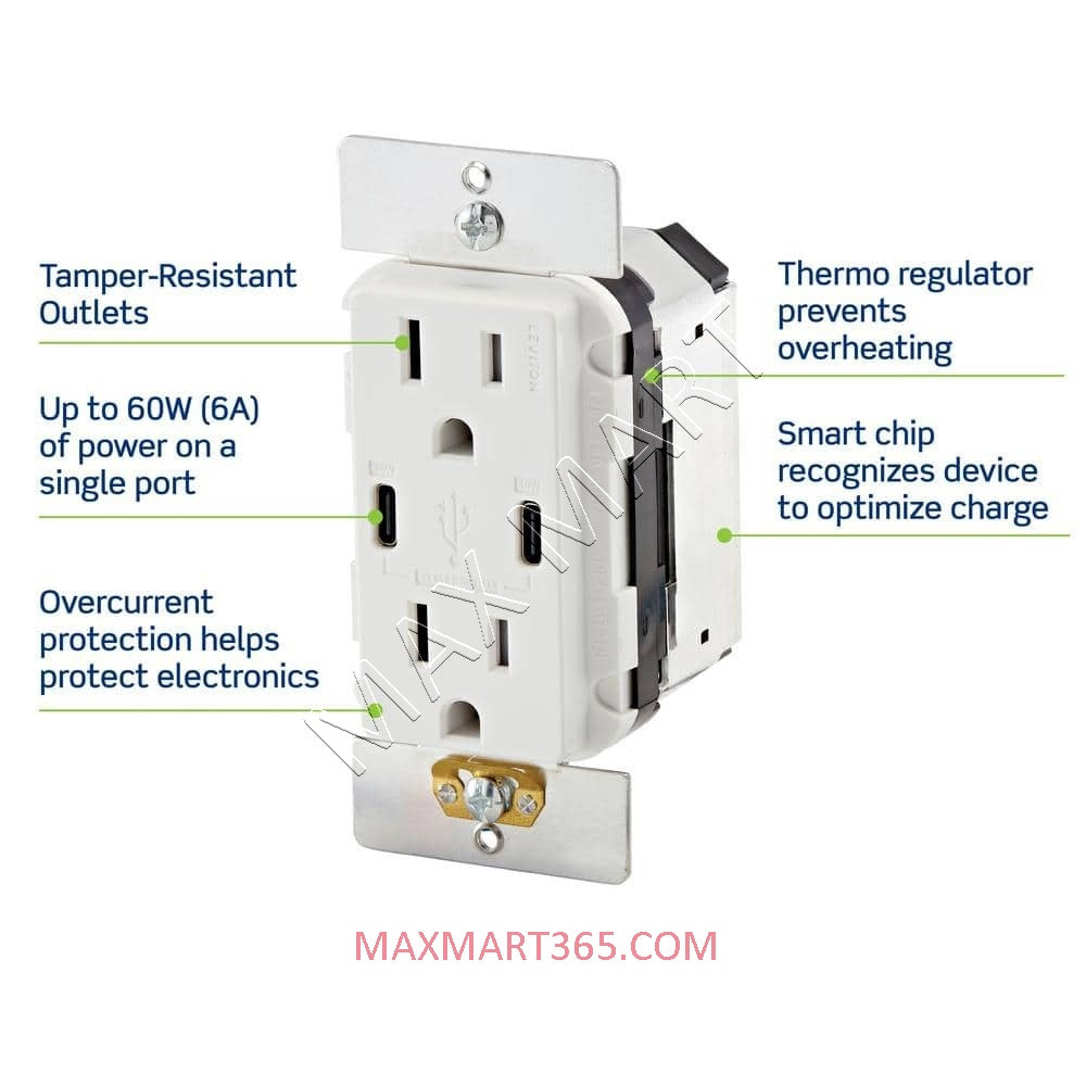 Leviton Decora+ 15A 60W USB-C Type-C Tamper Resistant TR Receptacle Outlet w/ Power Delivery Charger - White T5636-W