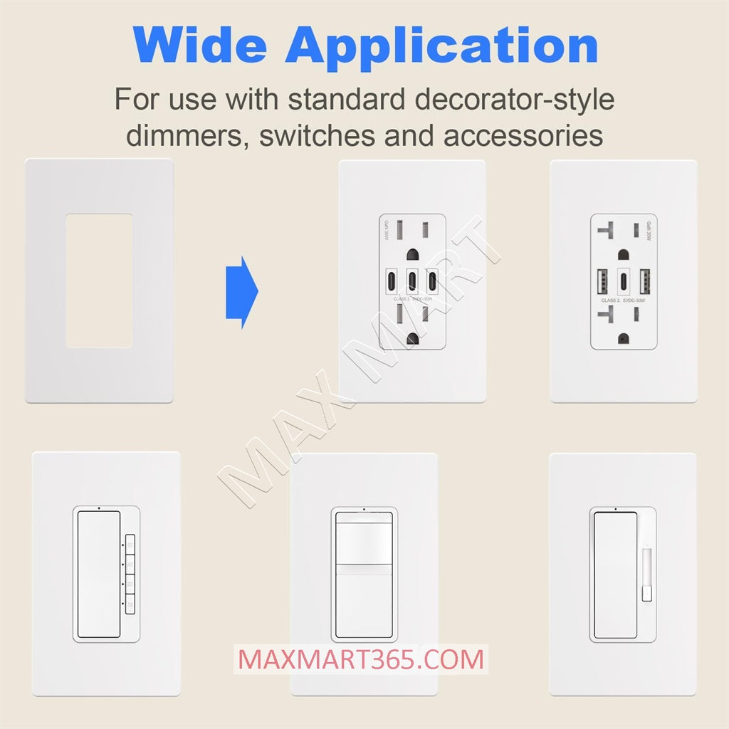 Universal 1-Gang Screwless Wallplate Coverplate for Light Switch, Dimmer, GFCI and Receptacle - White