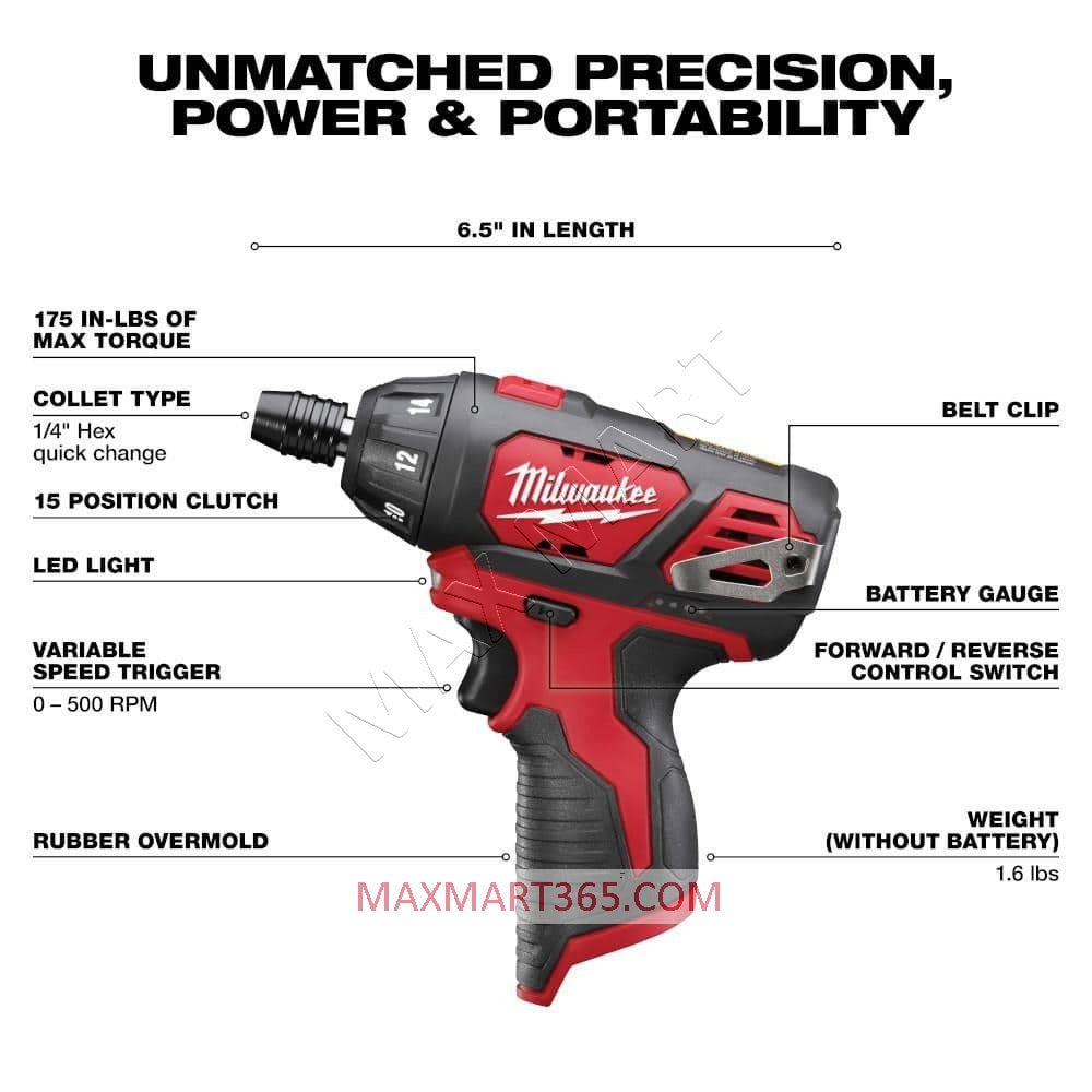 Milwaukee 2401-20 M12 无绳 1/4 英寸六角螺丝刀（仅工具）