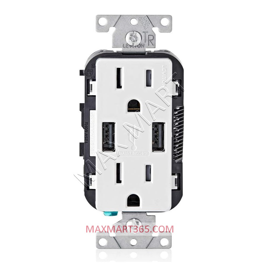 Leviton Decora+ 3.6A 18W USB-A Charger Tamper-Resistant TR Receptacle Outlet Plug w/ Cover Plate - White