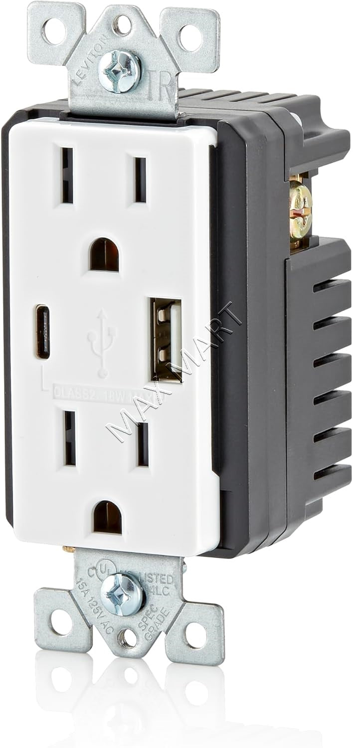 Leviton Decora+ 3.6A 18W USB-A/USBA/USB-C/USBC Charger Receptacle Outlet Plug Type A/Type-C (2-Pack) - White