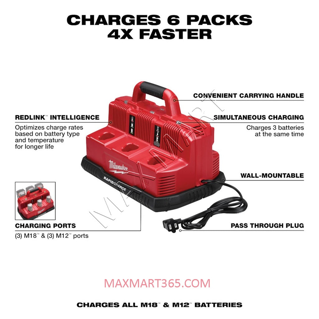 Milwaukee 48-59-1807 M18/M12 18V/12V 6-Port Sequential Rapid Charge Fast Charger Station