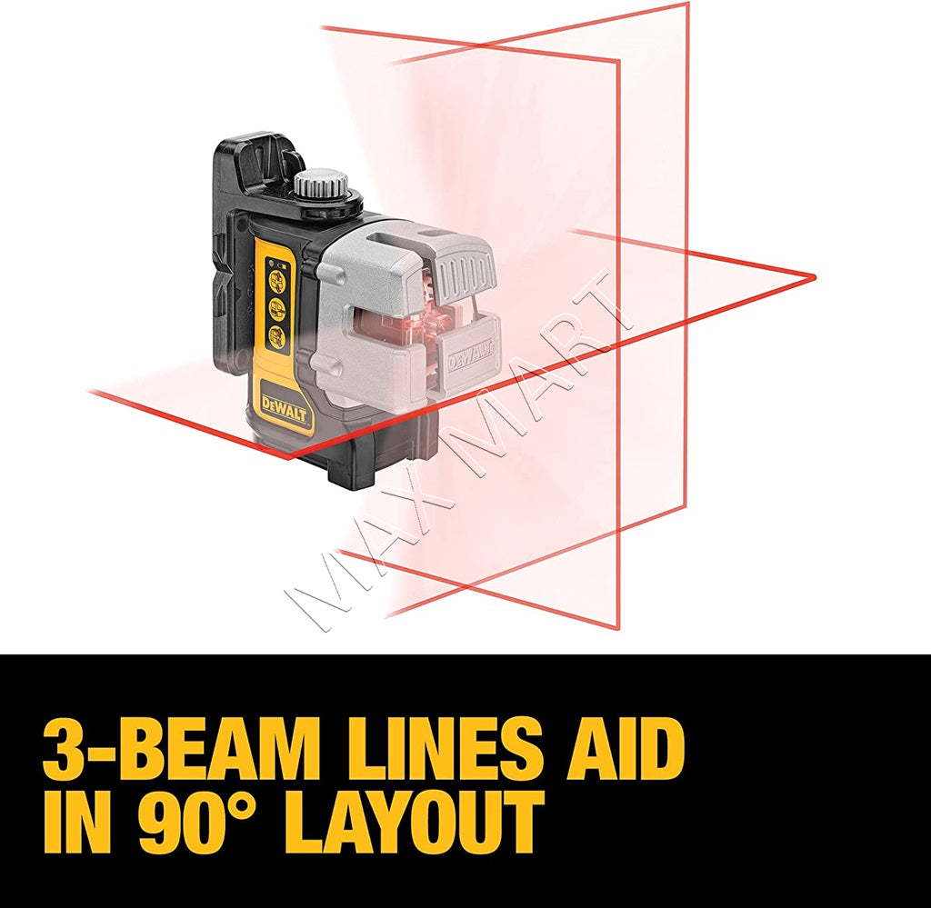 DEWALT 50 英尺和 165 英尺红色自动调平 3 光束十字线激光水平仪套件 DW089K DW089