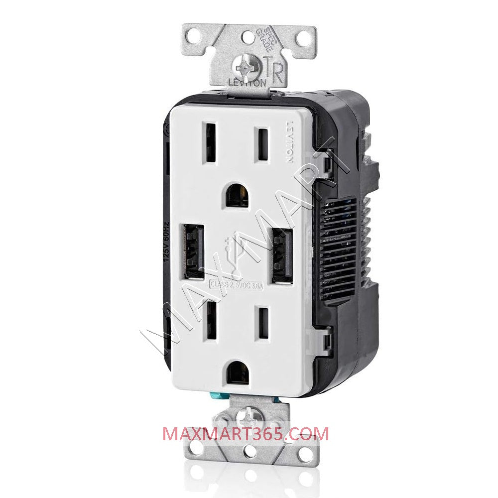 Leviton Decora+ 3.6A 18W USB-A Charger Tamper-Resistant TR Receptacle Outlet Plug w/ Cover Plate - White