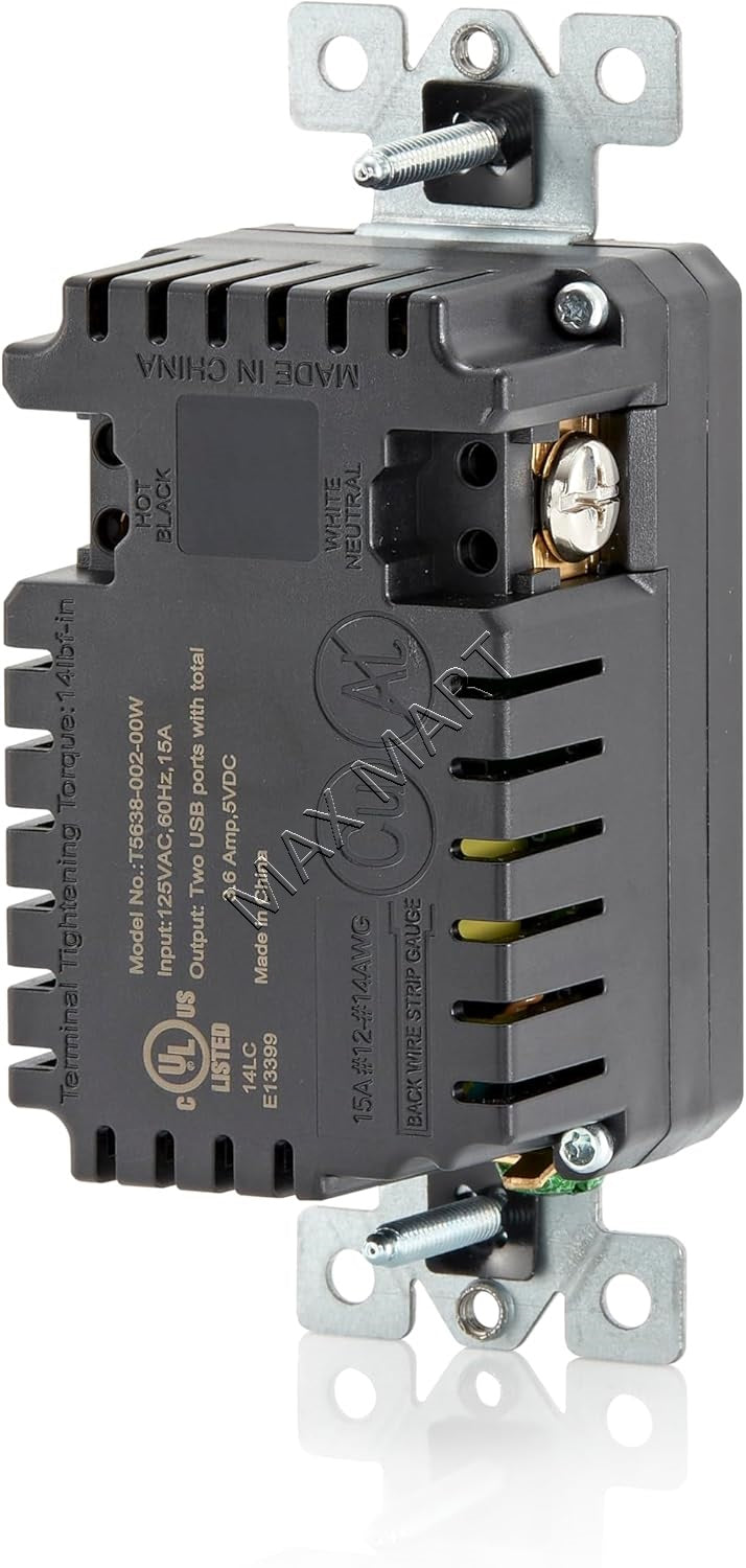 Leviton Decora+ 3.6A 18W USB-A/USBA/USB-C/USBC Charger Receptacle Outlet Plug Type A/Type-C (2-Pack) - White