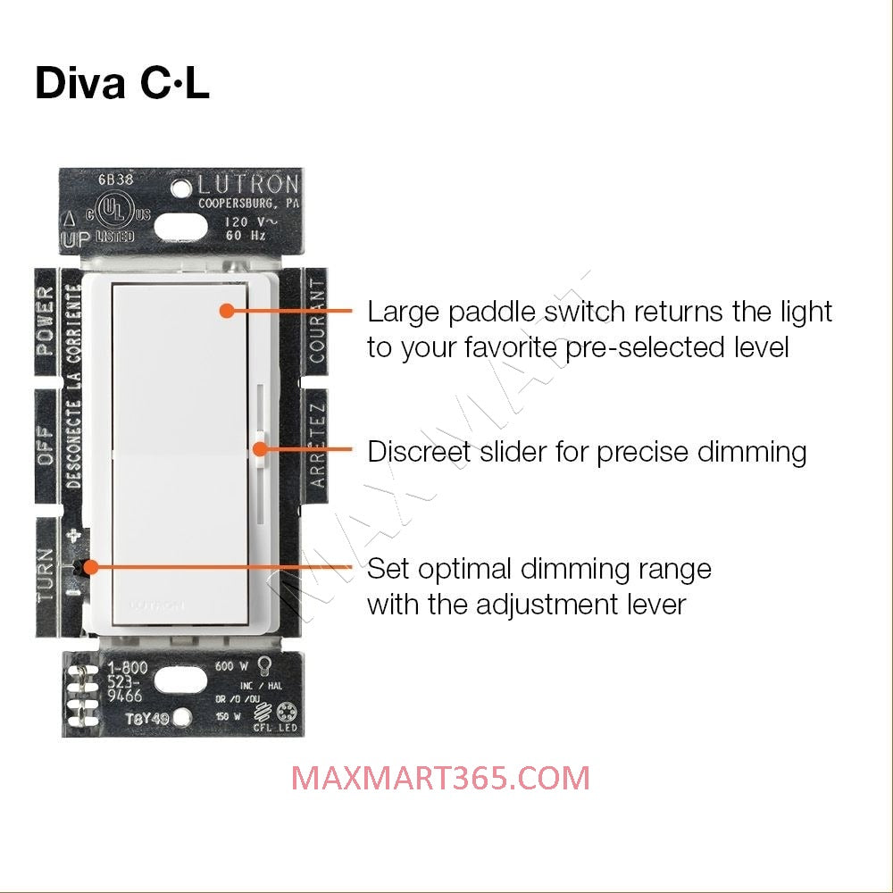 Lutron DIVA LED+ Dimmer Switch w/ Wallplate, Single Pole or 3-Way, DVWCL-153PH - Light Almond