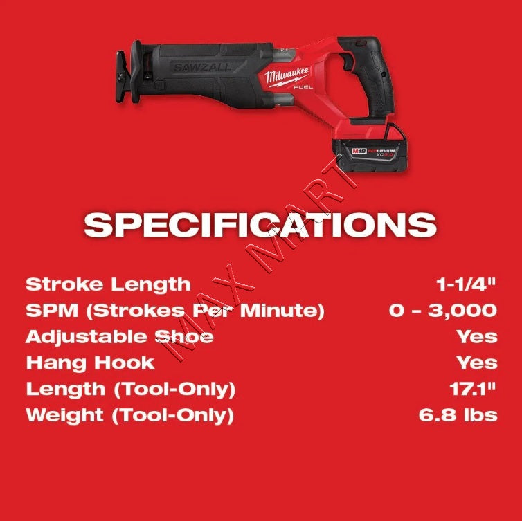 Milwaukee 2821-20 M18 FUEL GEN-2 Brushless Cordless SAWZALL Reciprocating Saw (Tool Only)