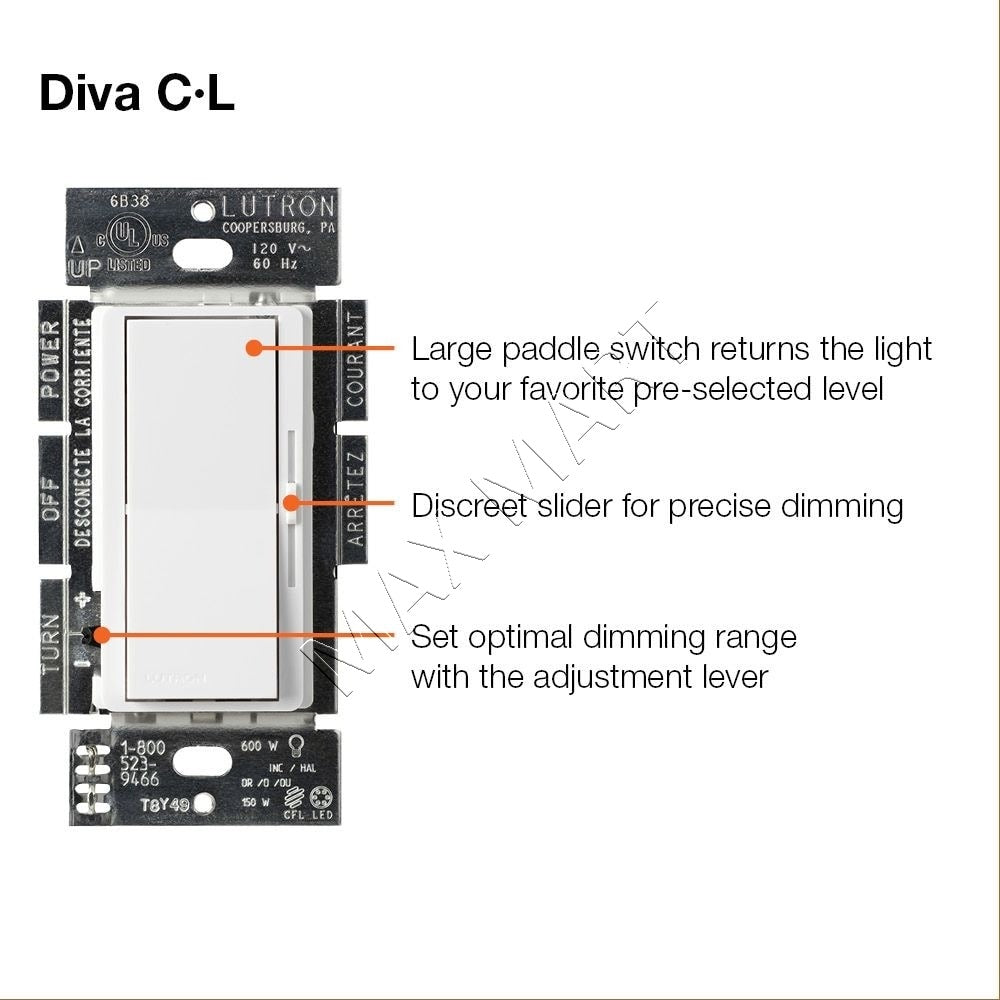 Lutron DIVA LED+ Dimmer Switch, Single Pole/3 Way, DVCL-153PR-WH-C - White