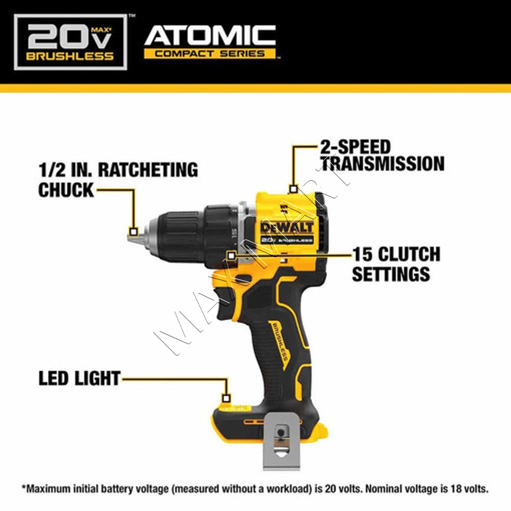 DEWALT DCD794B 20V ATOMIC 无绳无刷 1/2 英寸紧凑型电钻驱动器（仅工具）