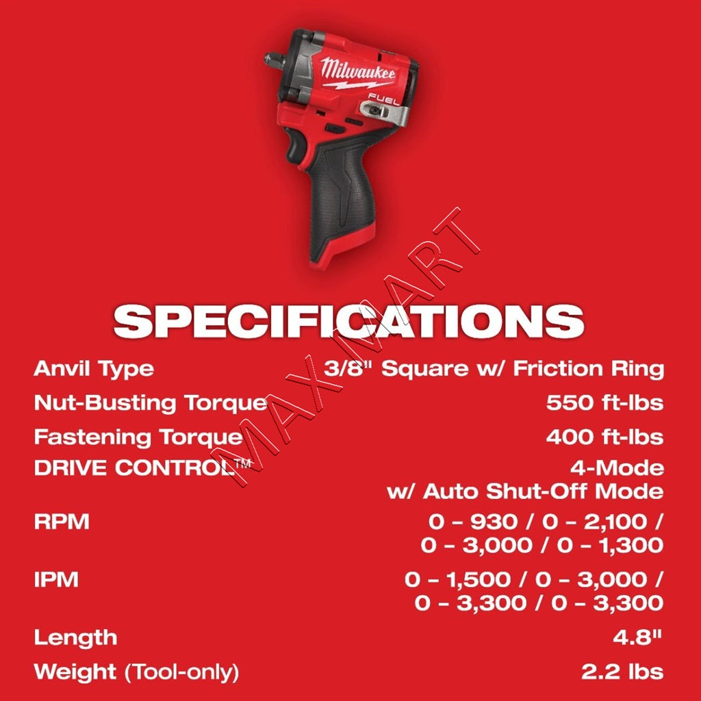 Milwaukee 2562-20 M12 FUEL Brushless Cordless 3/8-inch Stubby Impact Wrench (Tool Only)