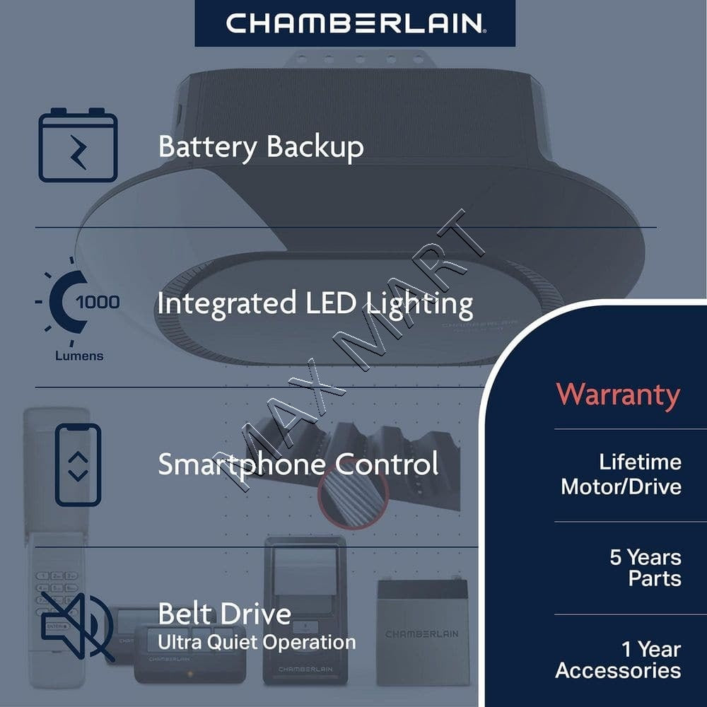 Chamberlain B4613TC 3/4-HP LED Ultra-Quiet Belt Drive Smart Garage Door Opener with Battery Backup