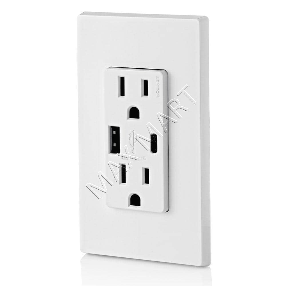 Leviton Decora+ 5.1A 25W USB-A/USBA/USB-C/USBC Charger Receptacle Outlet Plug Type A/Type-C (2-Pack) - White