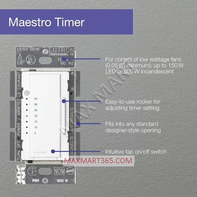 Lutron Maestro 5-Amps 600W Multi-Location/Single Pole 60-Minute Countdown Timer Switch, White MA-T51MNH