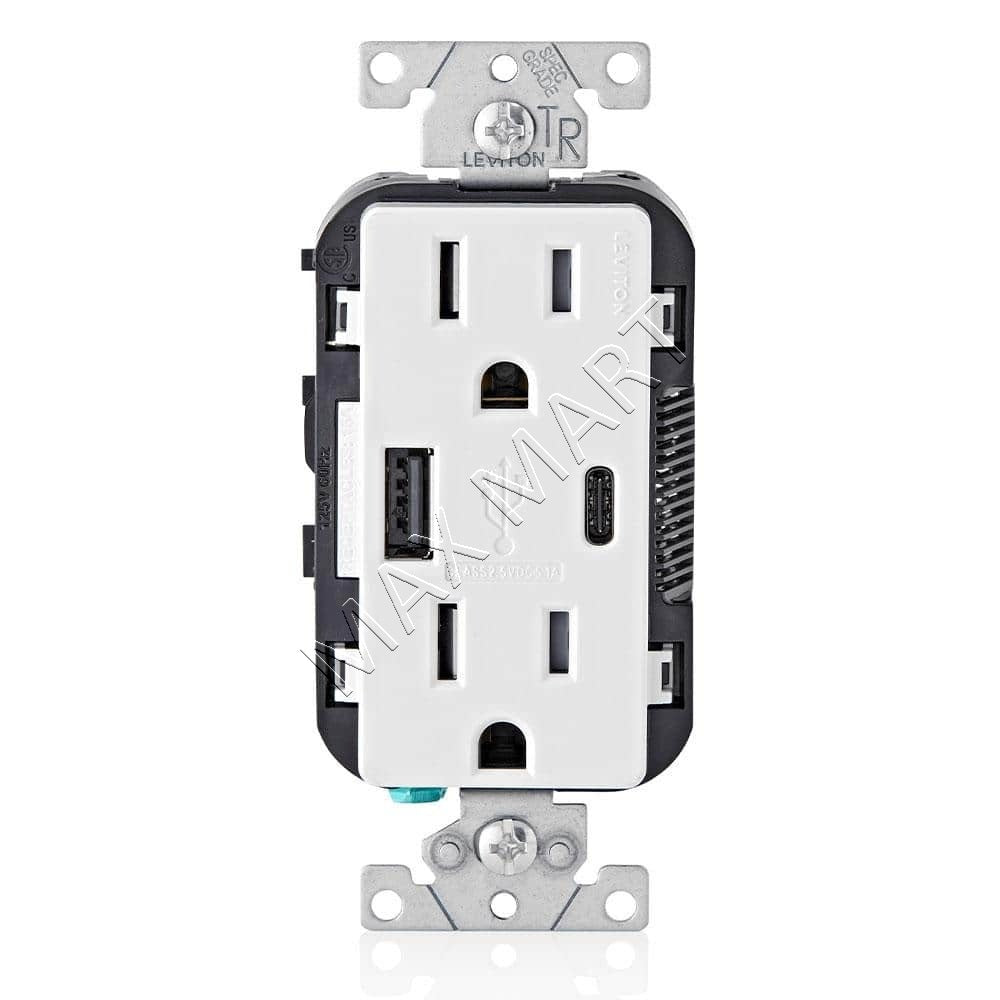 Leviton 5.1A 25W USB Type A/C Charger Receptacle Outlet Plug (2-Pack) - White T5633-W