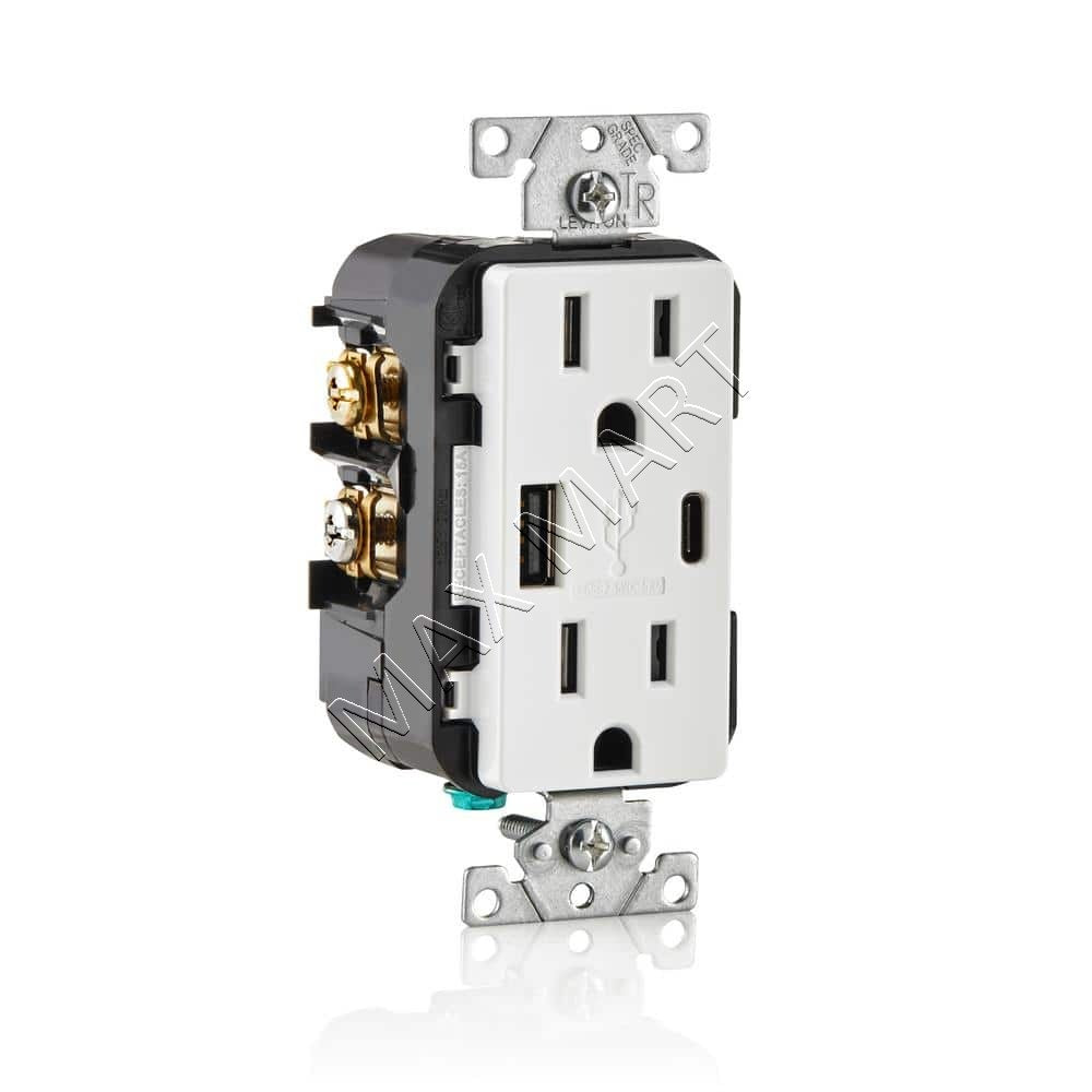 Leviton 5.1A 25W USB Type A/C Charger Receptacle Outlet Plug (2-Pack) - White T5633-W
