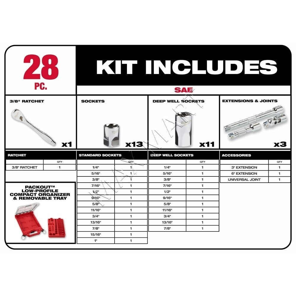 Milwaukee 48-22-9481 PACKOUT 3/8-inch Drive SAE Ratchet and Socket Mechanics Tool Set (28-Piece)