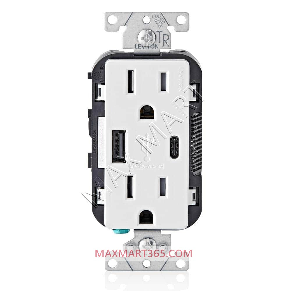 Leviton Decora+ 5.1A 25W USB-A & USB-C Tamper-Resistant TR Receptacle Outlet Plug - White