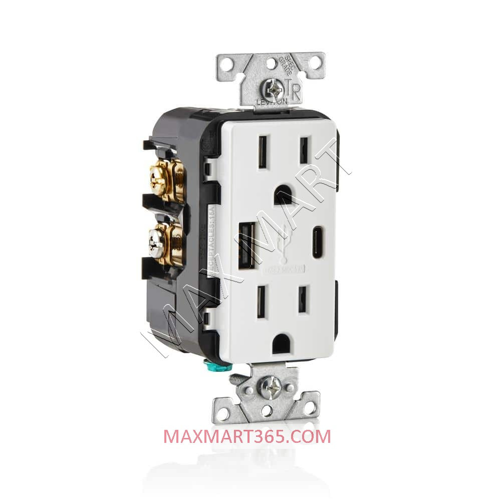 Leviton Decora+ 5.1A 25W USB-A & USB-C Tamper-Resistant TR Receptacle Outlet Plug - White