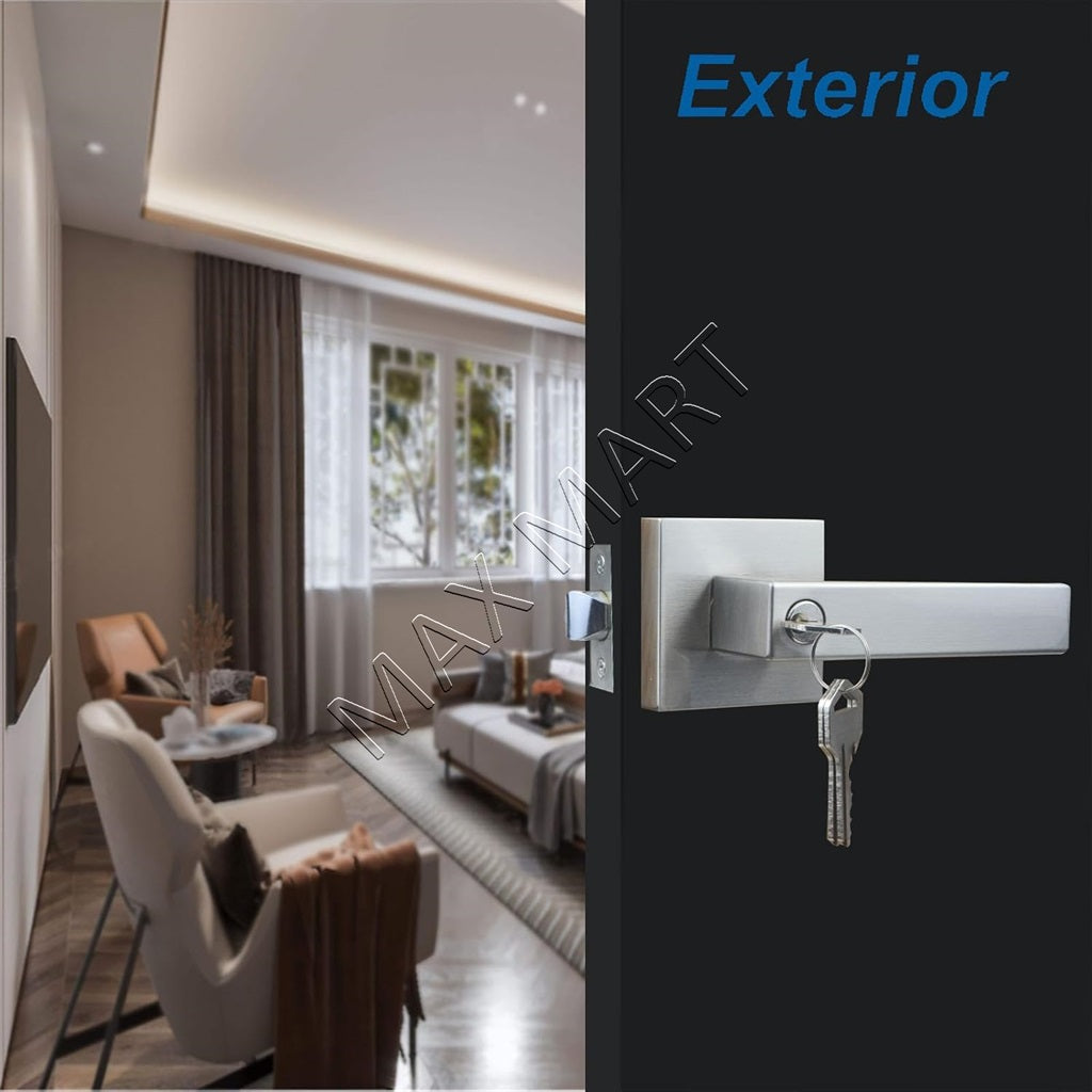 Square Door Lock with Key, Door Lockset for Front Entry Passage Bathroom Bedroom - Satin Nickel