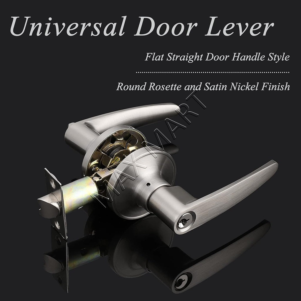 Round Door Lock Lockset with Key, Keyed Door Handle Lever for Front Entry Bathroom Bedroom - Satin Nickel