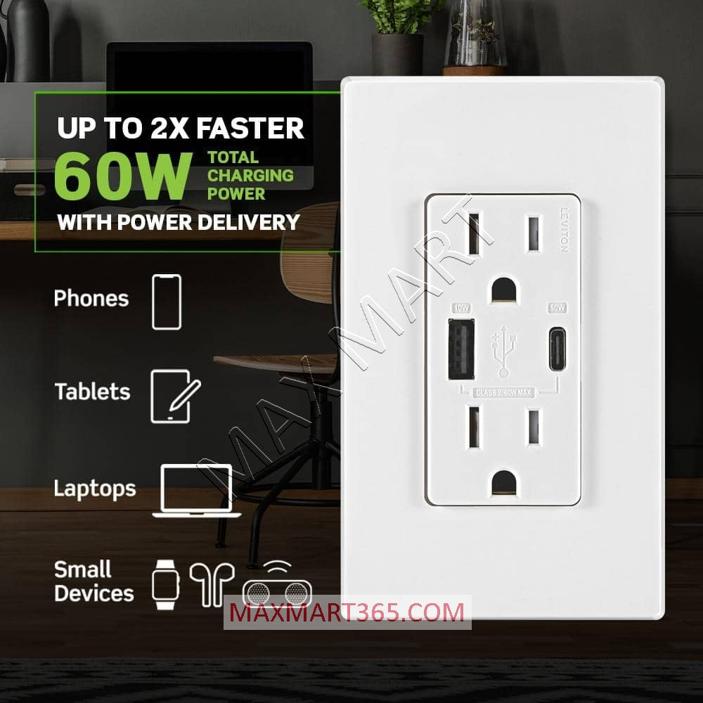 Leviton Decora+ 15A 60W USB-A & USB-C Tamper Resistant TR Receptacle Outlet w/ Power Delivery Charger - White T3634-W