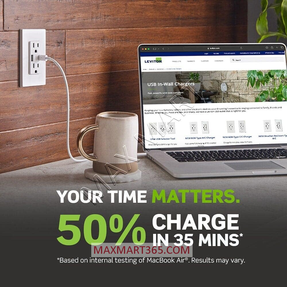 Leviton Decora+ 15A 60W USB-A & USB-C Tamper Resistant TR Receptacle Outlet w/ Power Delivery Charger - White T3634-W