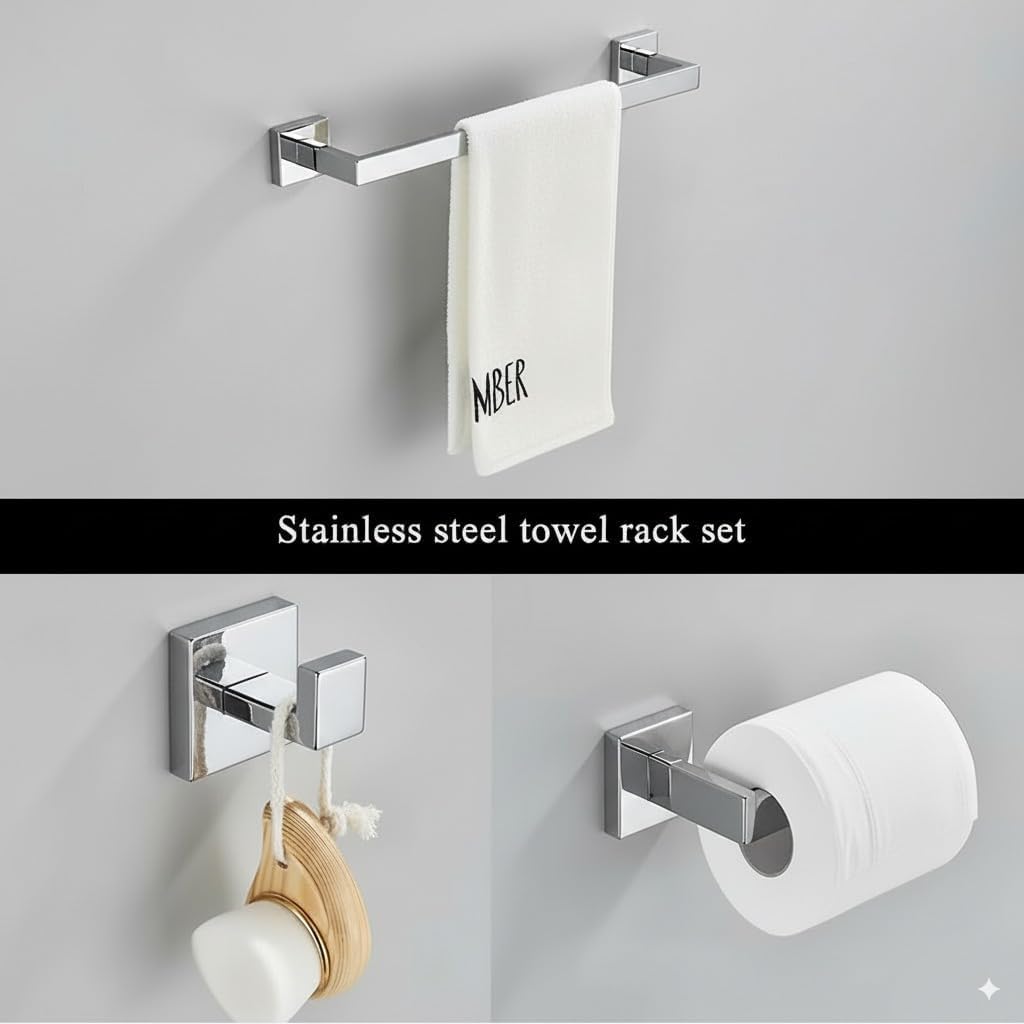 24-Inch 3-Pieces Square Towel Rack Kit Set for Bathroom, Towel Bar, Toilet Paper Holder, and Towel Robe Hook