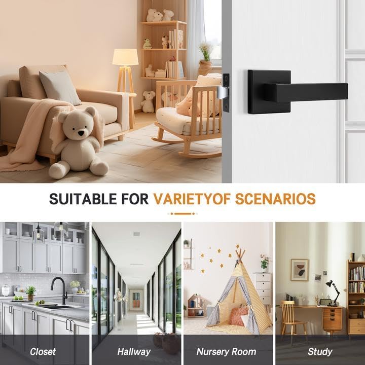 Square Passage Door Lock Lockset, Interior Hallway Closet Door Handle Keyless - Matte Black