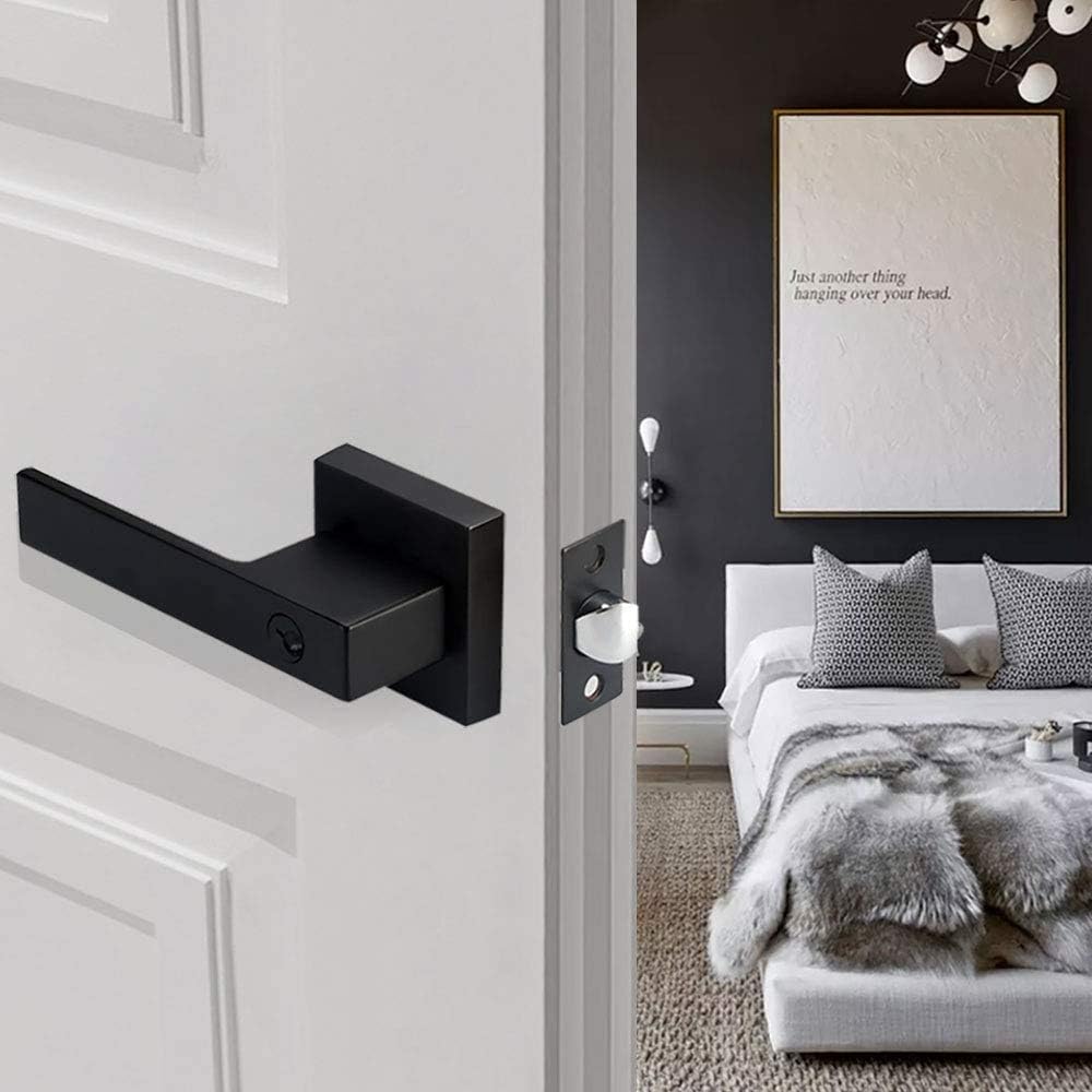 Square Door Lock Lockset with Key, Keyed Door Handle Lever for Front Entry Bathroom Bedroom - Matte Black