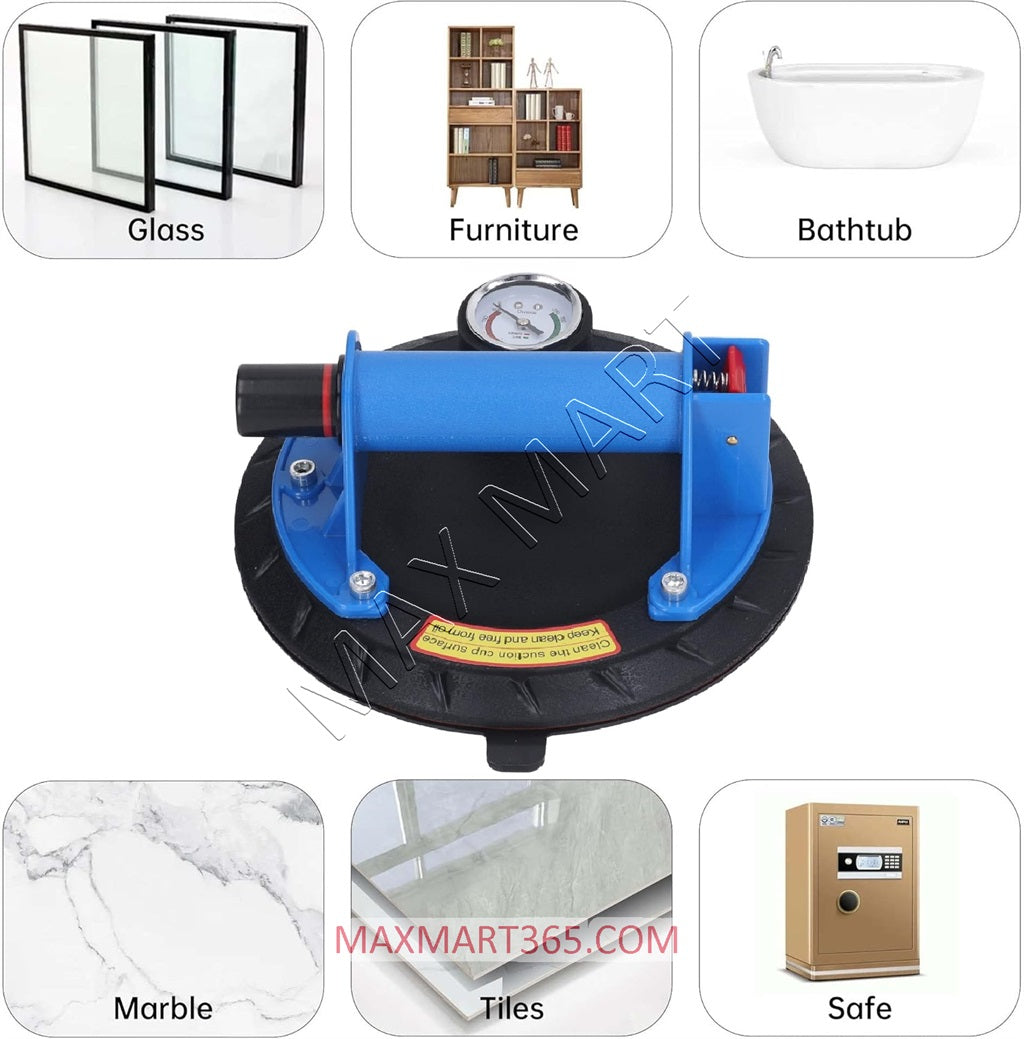 Heavy Duty 8-Inch Hand Pump Suction Cup with Gauge to lift Glass/Tile/Marble/Stone -500lbs capacity